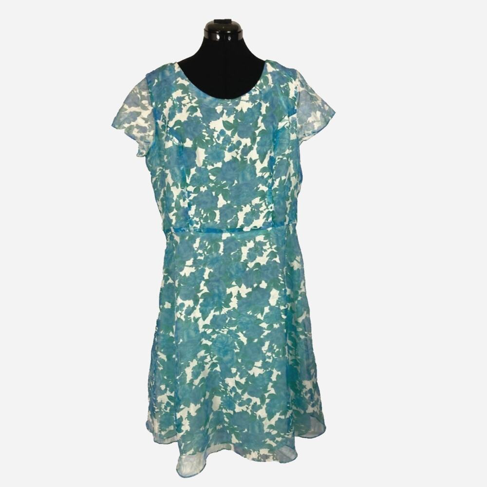 16 Julian Taylor chiffon layer floaty blue green white floral dress cap sl